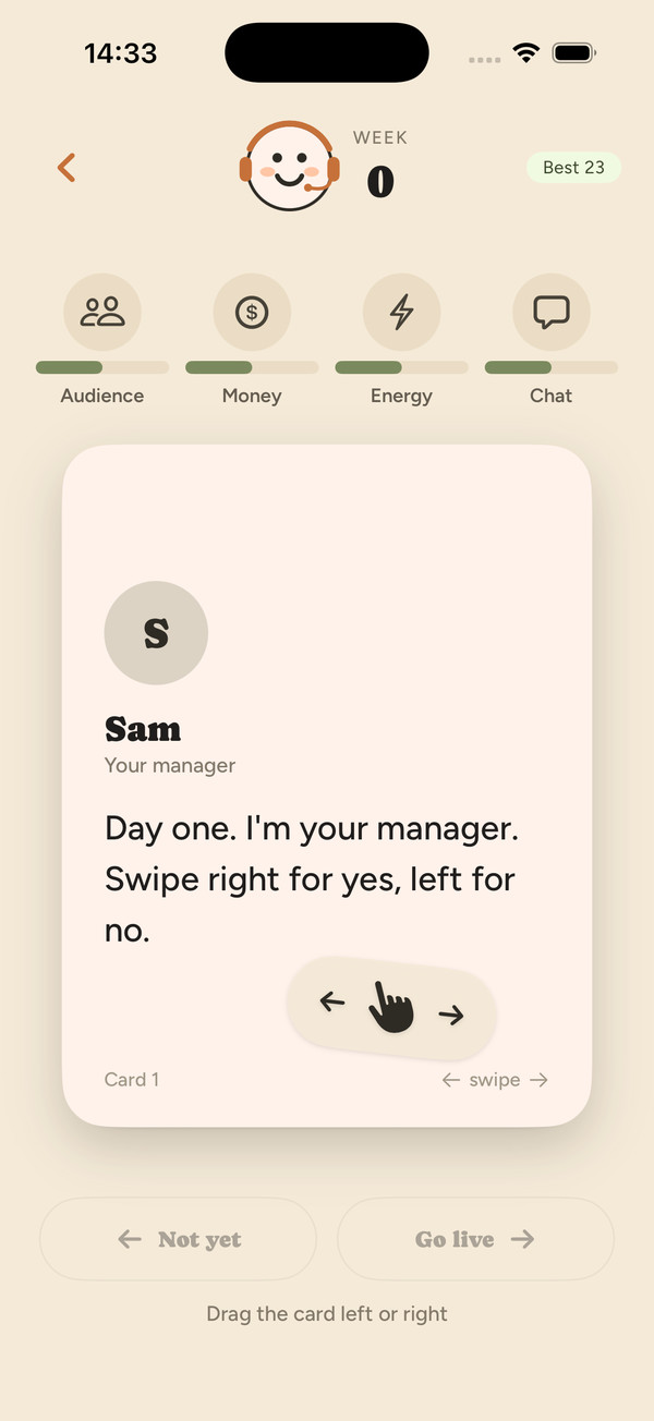 In a run: four stat bars, a card from Sam, your manager, and a hand showing where to swipe.