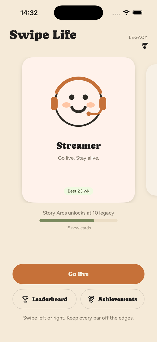 Home screen: the Streamer deck card with the headset mascot, a Best 23 weeks tag, and a Go live button.